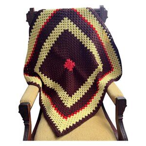 Handmade Crocheted Afghan Blanket - Brown Yellow & Red Geometric Design 34x35"
